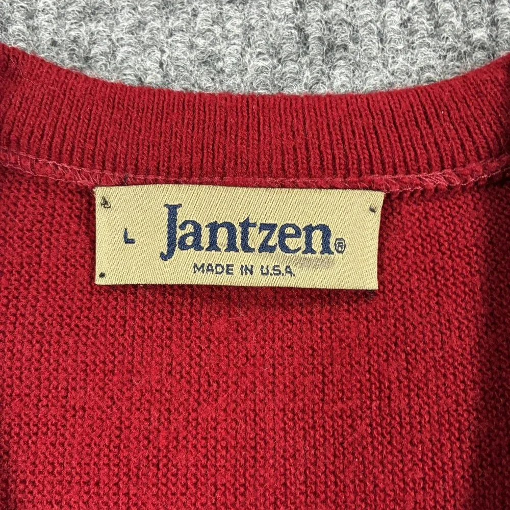 Vintage Jantzen Sweater Mens Large Red V Neck Knit Made USA 80s 90s